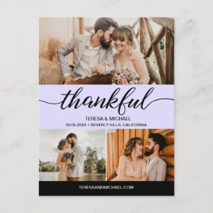 Purple Classic Thankful Script 3 Photo Wedding Postcard