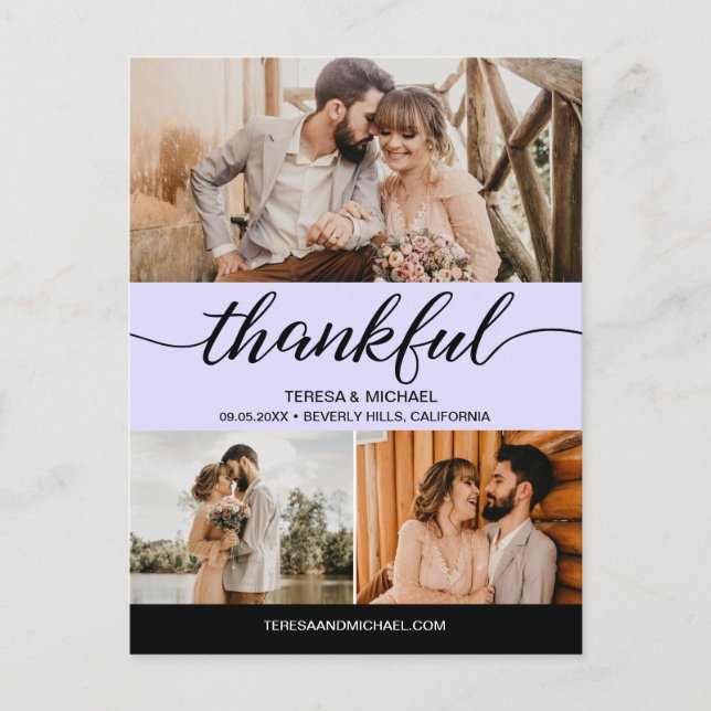 Purple Classic Thankful Script 3 Photo Wedding Postcard (Front)