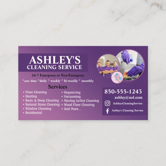 Purple Cleaning Service Business Card  (Front)