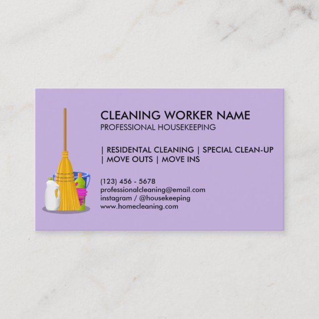 Purple Cleaning Service Housekeeper Janitorial Business Card (Front)