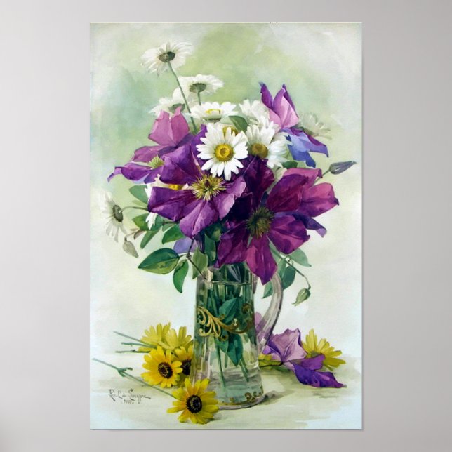 Purple Clematis and White Daisies Print (Front)