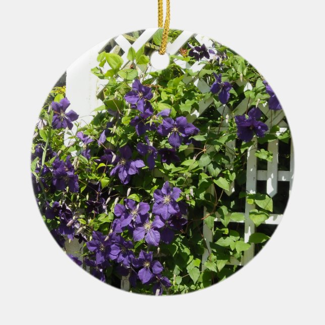 Purple Clematis on a Trellis Ceramic Tree Decoration (Front)