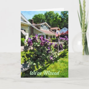 Purple Clematis on Rustic Fence - We've Moved Card