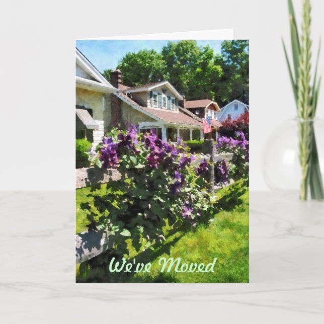 Purple Clematis on Rustic Fence - We've Moved Card (Front)