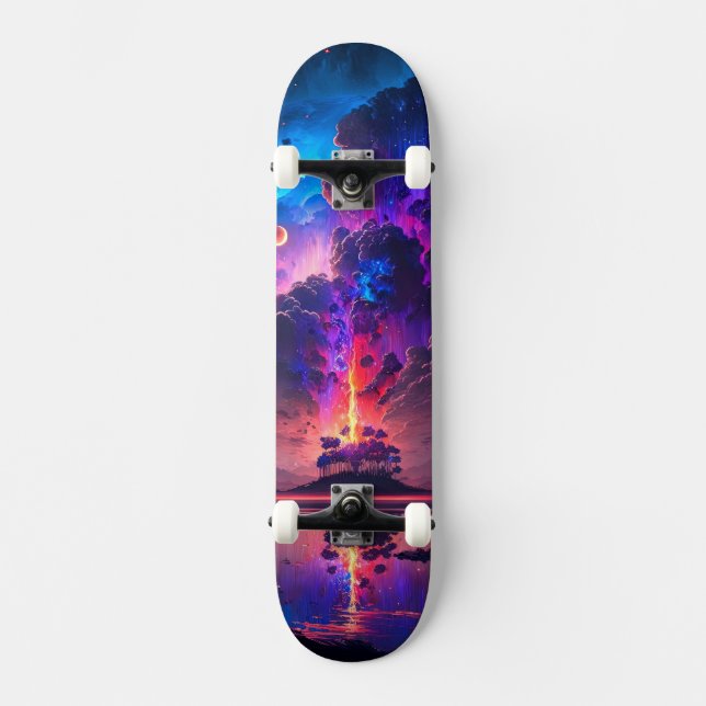Purple Clouds and Tree Island by the Lake Skateboard (Front)