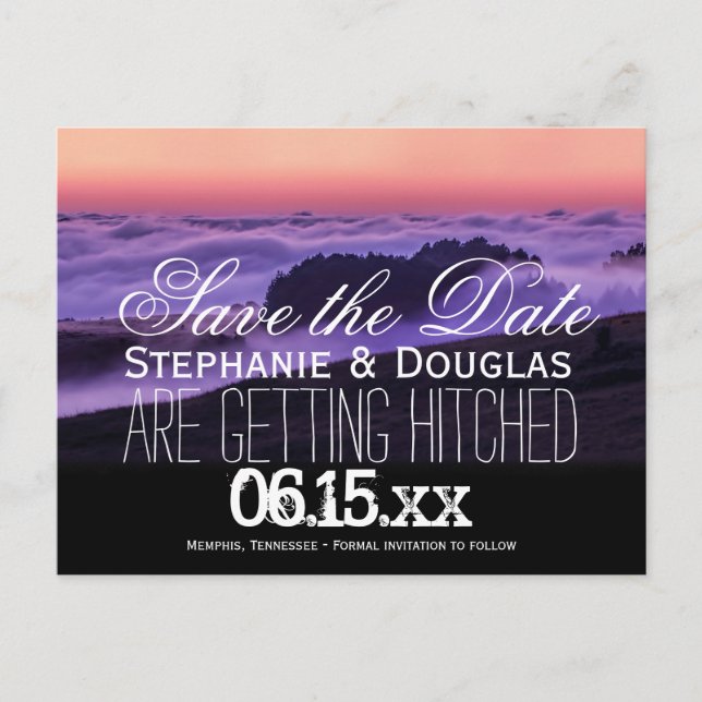Purple Clouds Sunset Save the Date Postcards (Front)