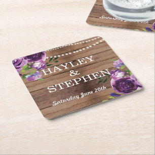 Purple Coasters Rustic Wood Flowers Wedding Party