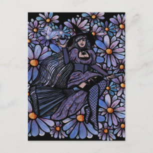 Purple Coffee Witch Daisy Art Holiday Postcard