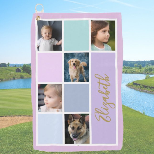 Purple Colour Block Custom Template Family Photos  Golf Towel (Creator Uploaded)