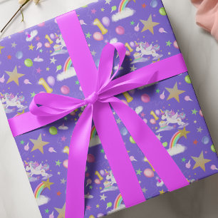 Purple Coloured 1st Birthday Unicorn Pattern Wrapping Paper