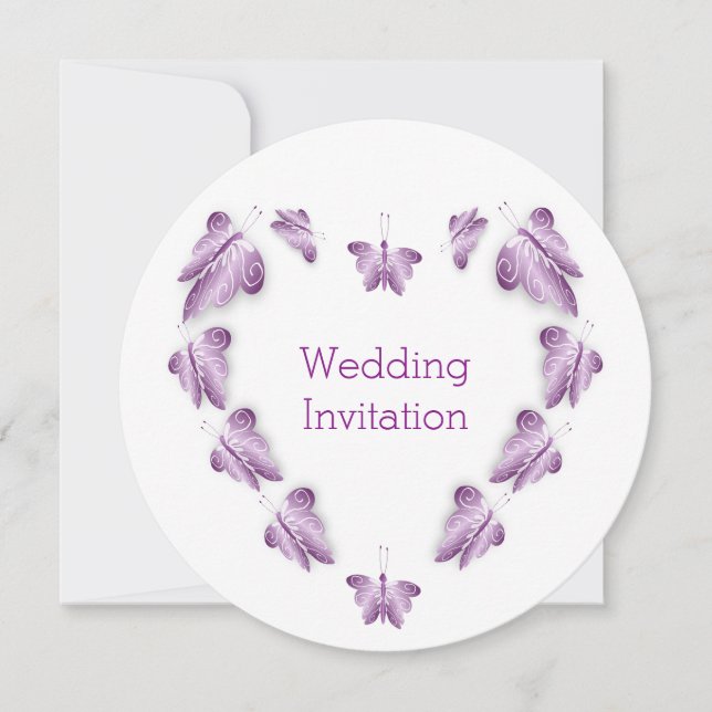 Purple Coloured Butterflies Design Wedding Invitation (Front)