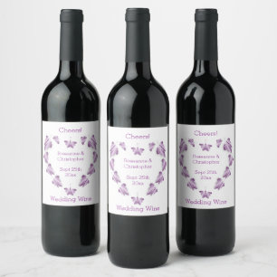 Purple Coloured Butterflies Design Wedding Wine Label