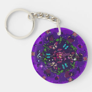 Purple Colourful Abstract Flowers & Music Key Ring