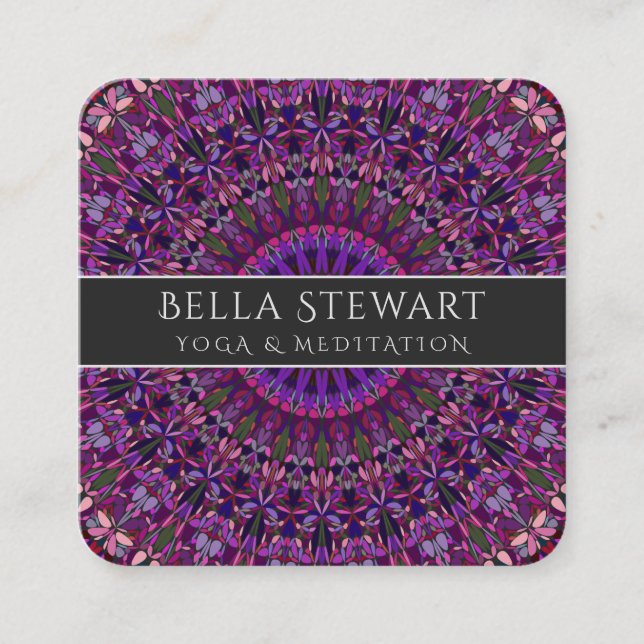 Purple Colourful Floral Mandala Square Business Card (Front)