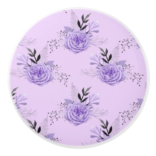Purple Colourful Flower Botanical Floral Pattern Ceramic Knob (Front)