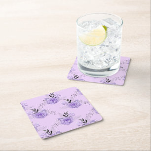 Purple Colourful Flower Botanical Floral Pattern Square Paper Coaster