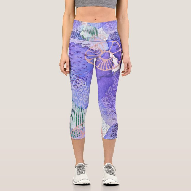 Purple colourful funky abstract art capri leggings (Front)