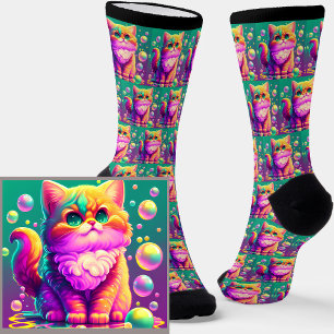 Purple Colourful Gorgeous Cat Fantasy on Green     Socks