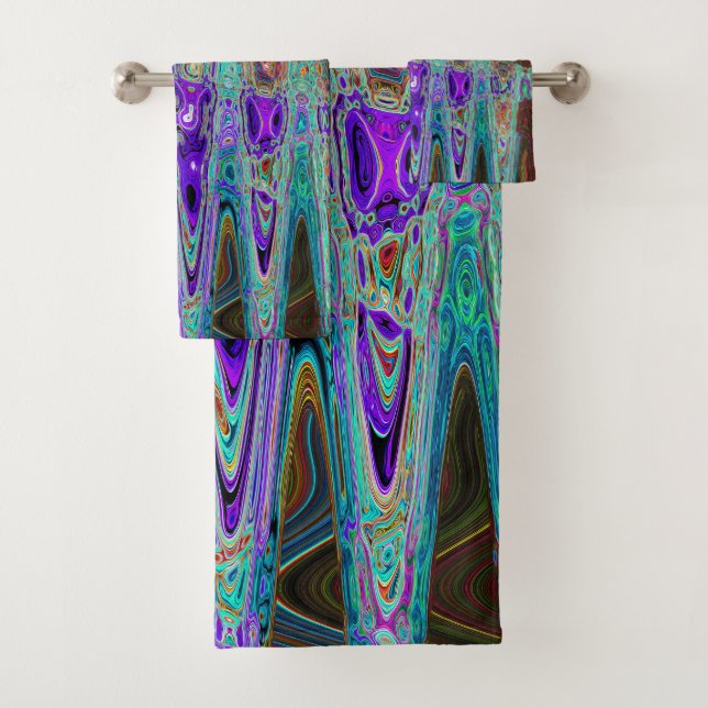 Purple Colourful Groovy Abstract Retro Atomic Wave Bath Towel Set (Insitu)