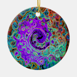 Purple Colourful Groovy Abstract Retro Liquid Swir Ceramic Ornament