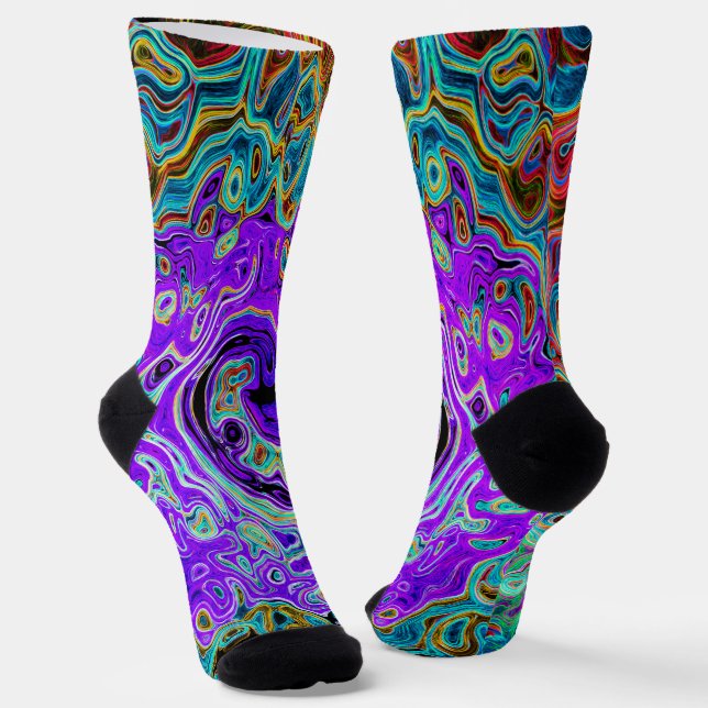 Purple Colourful Groovy Abstract Retro Liquid Swir Socks (Angled)