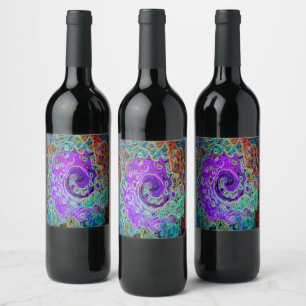 Purple Colourful Groovy Abstract Retro Liquid Swir Wine Label