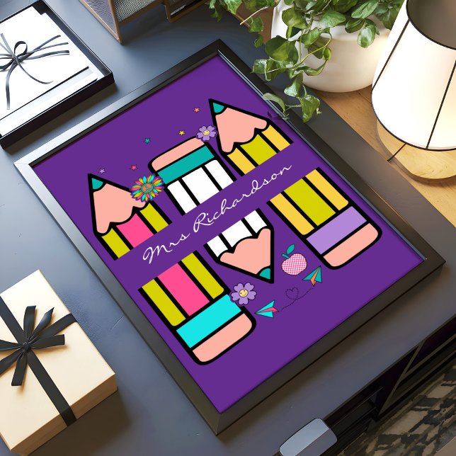 Purple Colourful Teacher Cartoon Pencil Poster (Creator Uploaded)
