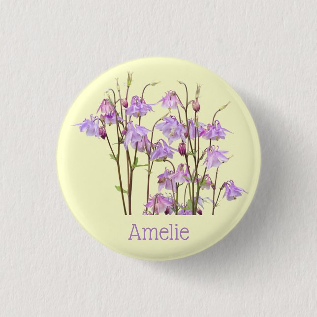 Purple columbines personalised 3 cm round badge (Front)
