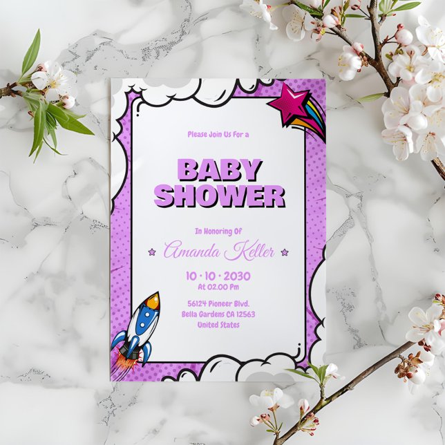 Purple Comic Baby Shower Invitation (Creator Uploaded)