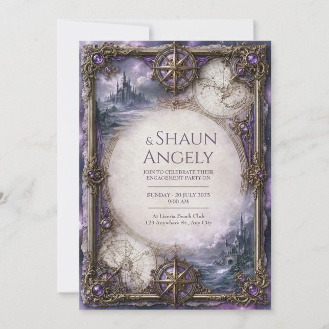 Purple Compass Castle Wedding Invitation (Front)