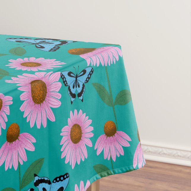 Purple coneflowers and butterflies pattern tablecloth (In Situ)