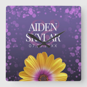 Purple Confetti Gold African Daisy Floral Wedding Square Wall Clock