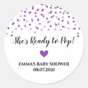 Purple Confetti Heart She's Ready to Pop Classic Round Sticker