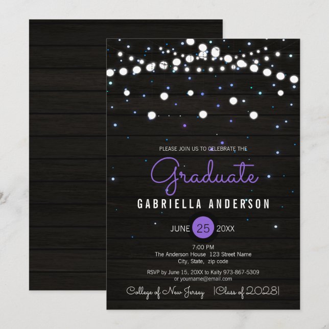 Purple Confetti Sparkly Stars Graduation Invitation (Front/Back)