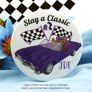 Purple Convertible Classic Car, Chequered Flags 10 Cm Round Badge