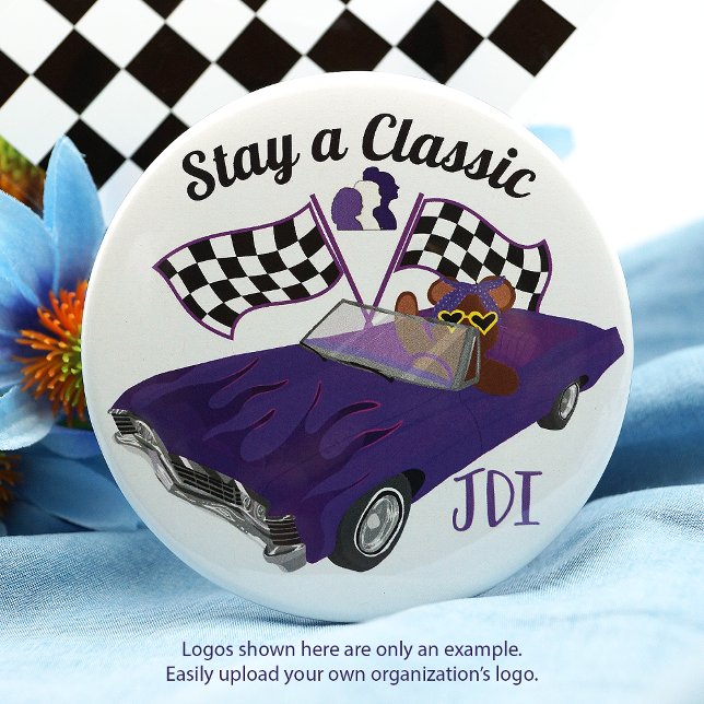 Purple Convertible Classic Car, Chequered Flags 10 Cm Round Badge (teddy bear in purple convertible car checkered flags, car show, lapel pin button, girls club)