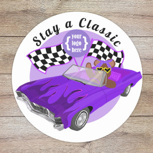 Purple Convertible Classic Car, Chequered Flags Classic Round Sticker