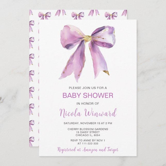Purple Coquette Bow Baby Shower Invitation (Front/Back)