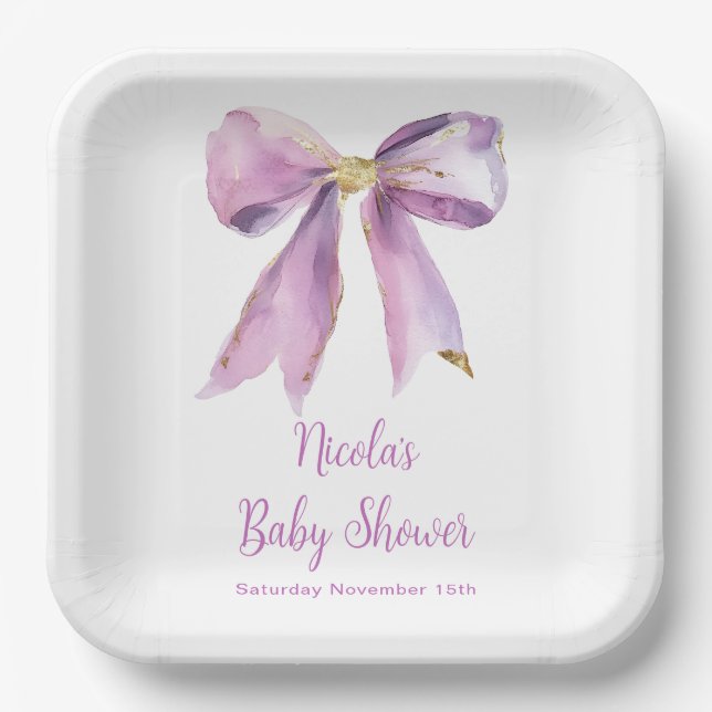 Purple Coquette Bow Baby Shower Paper Plate (Front)