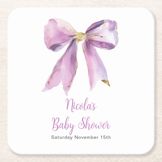 Purple Coquette Bow Baby Shower Square Paper Coaster (Front)
