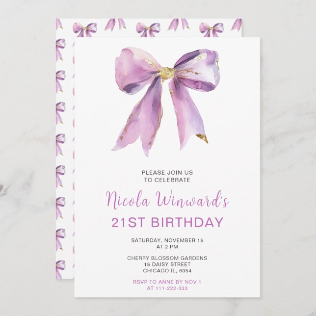 Purple Coquette Bow Birthday Party Invitation (Front/Back)