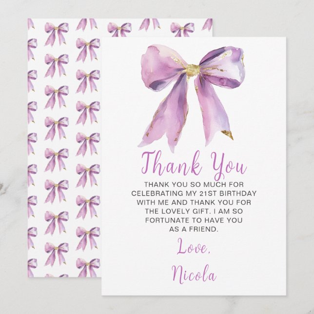 Purple Coquette Bow Birthday Party Thank You Card (Front/Back)