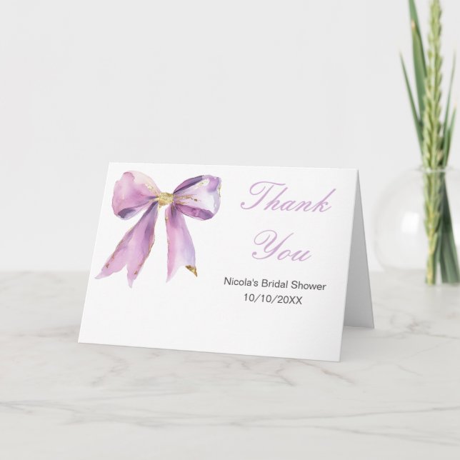 Purple Coquette Bow Bridal Shower Thank You Card (Front)