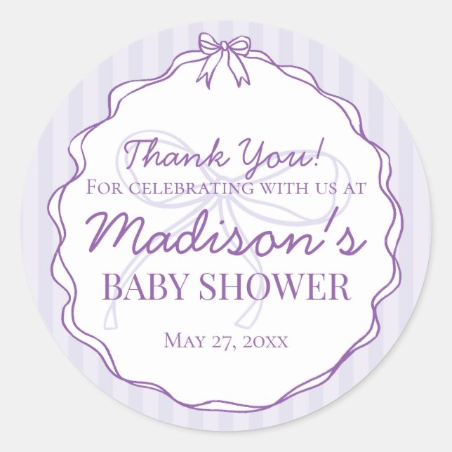 Purple Coquette Bow Pastel Baby Shower Favour Classic Round Sticker (Front)