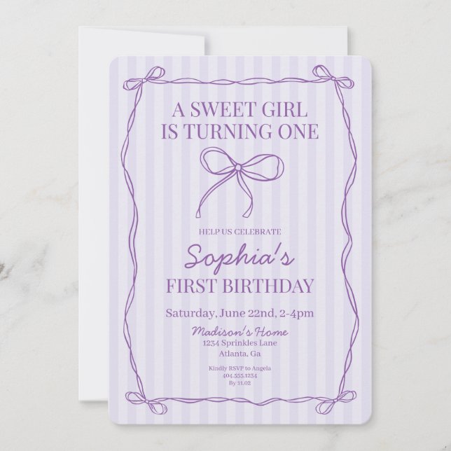 Purple Coquette Bow Pastel Lavender Birthday Party Invitation (Front)