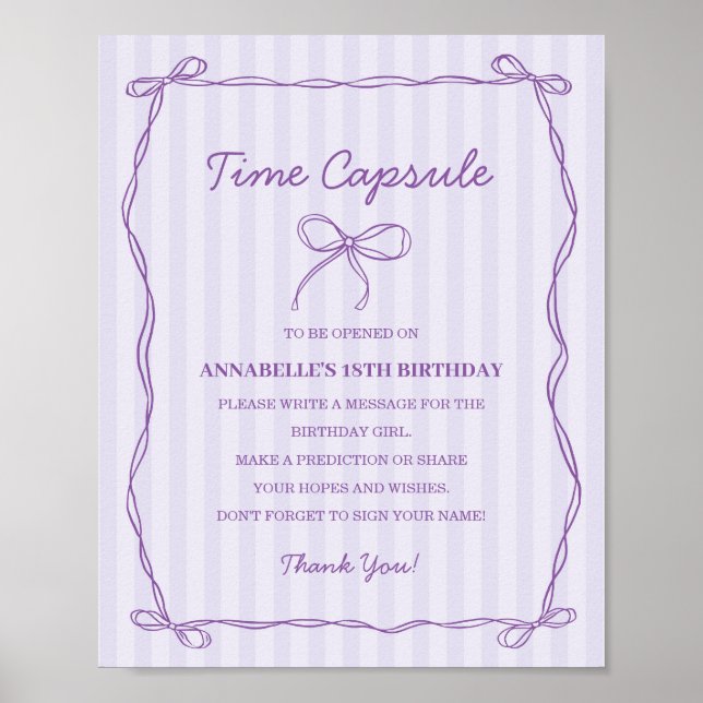 Purple Coquette Bow Time Capsule Birthday Game Poster (Front)
