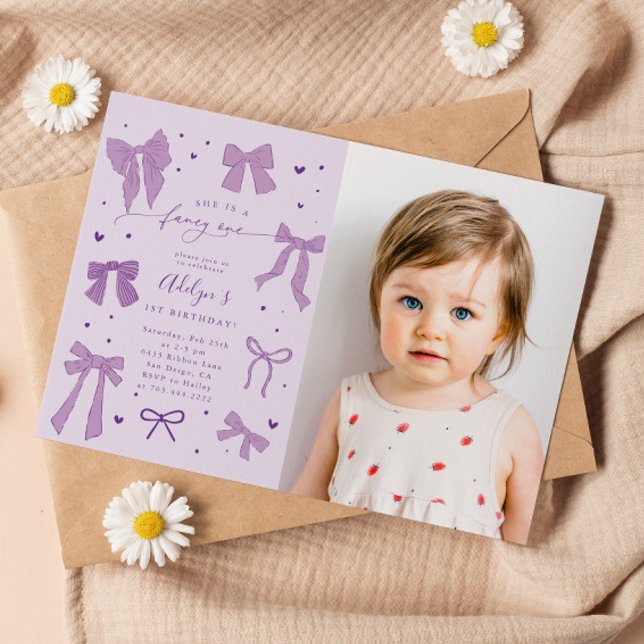 Purple Coquette Bows Fancy ONE Birthday Photo Invitation (Creator Uploaded)