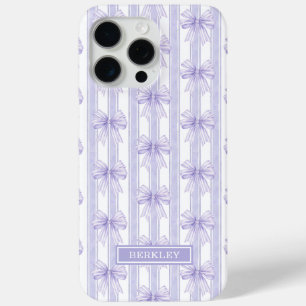 Purple Coquette Bows on Stripes Monogrammed iPhone 15 Pro Max Case