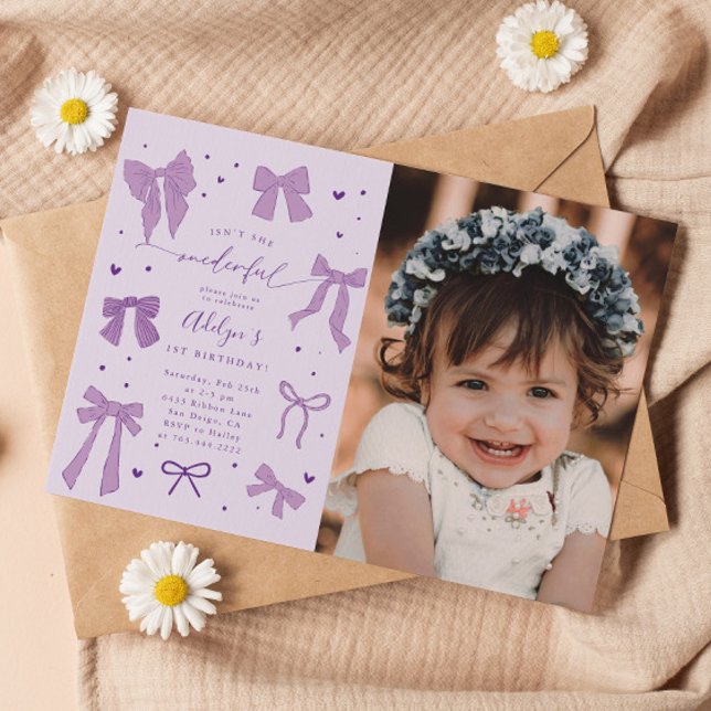 Purple Coquette Bows ONEderful Birthday Photo Invitation (Creator Uploaded)