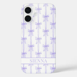 Purple Coquette Bows Striped Monogrammed iPhone 16 Case